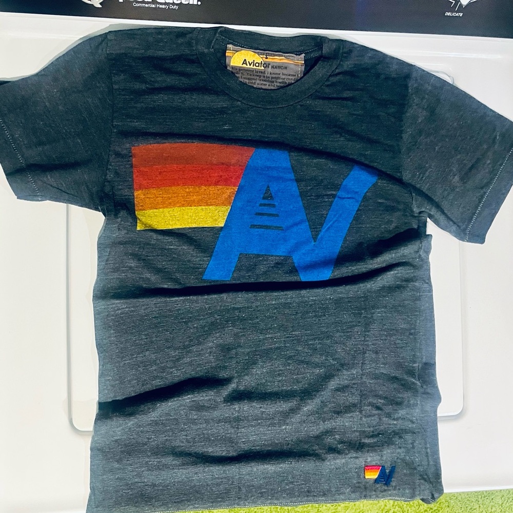Aviator Nation Kids Charcoal Tee with Blue 'AV' Logo and Rainbow Stripe